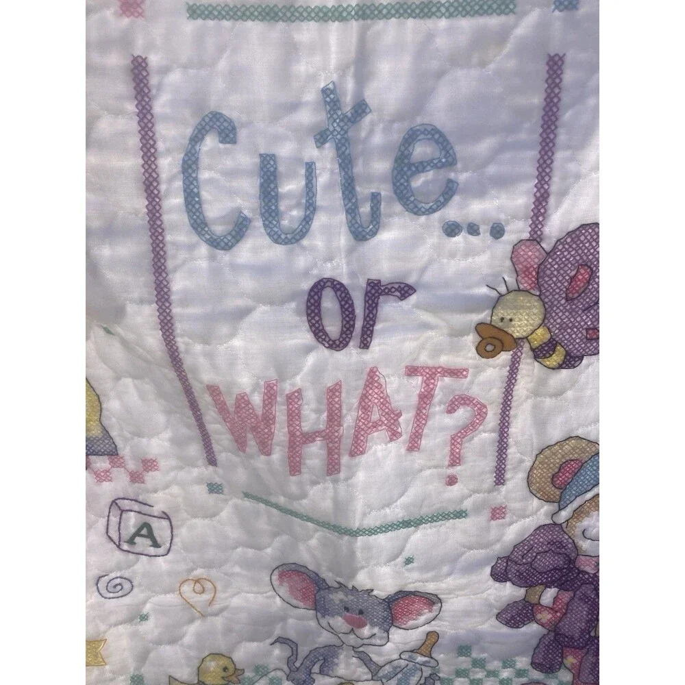 Vintage Cross Stitch Baby Crib Blanket Quilt Cute or What? Handmade 32